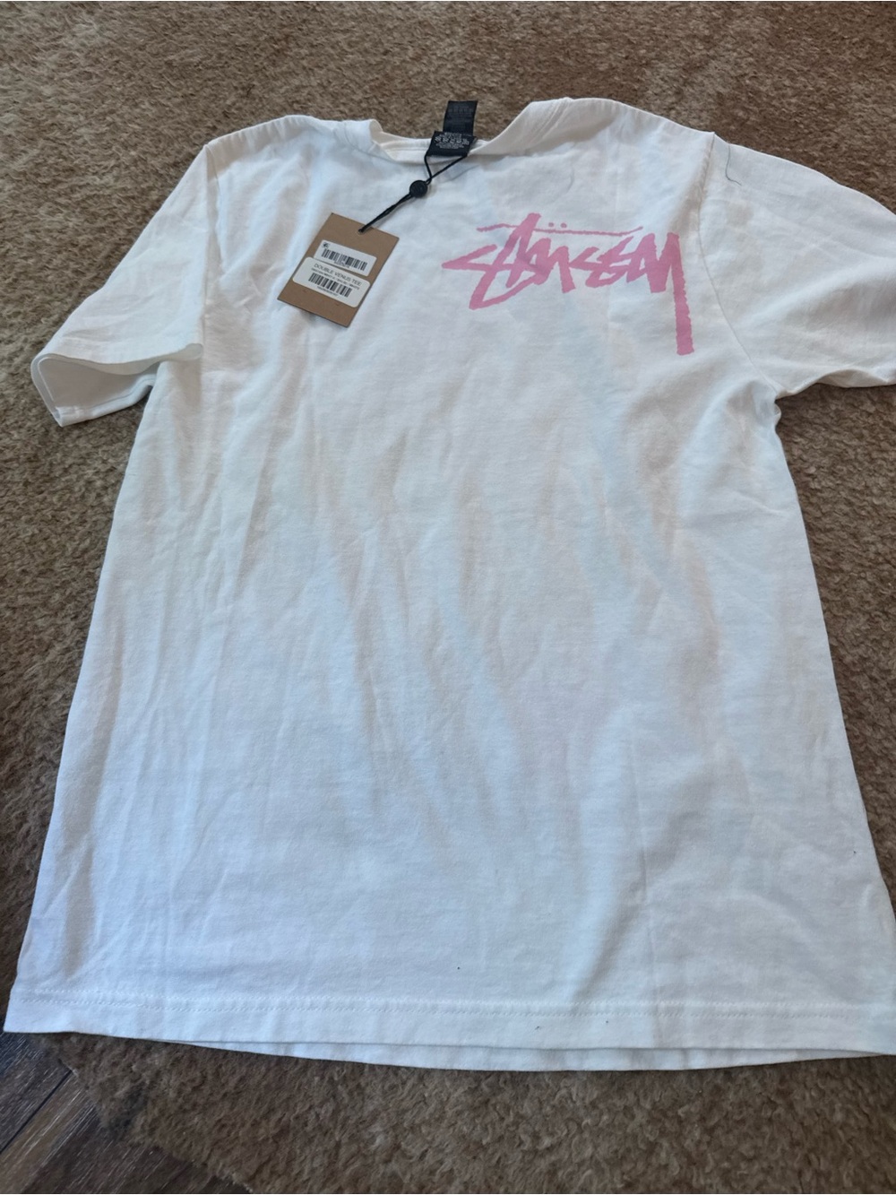 Stussy White Tee with Pink Logo - Women's Short Sleeve